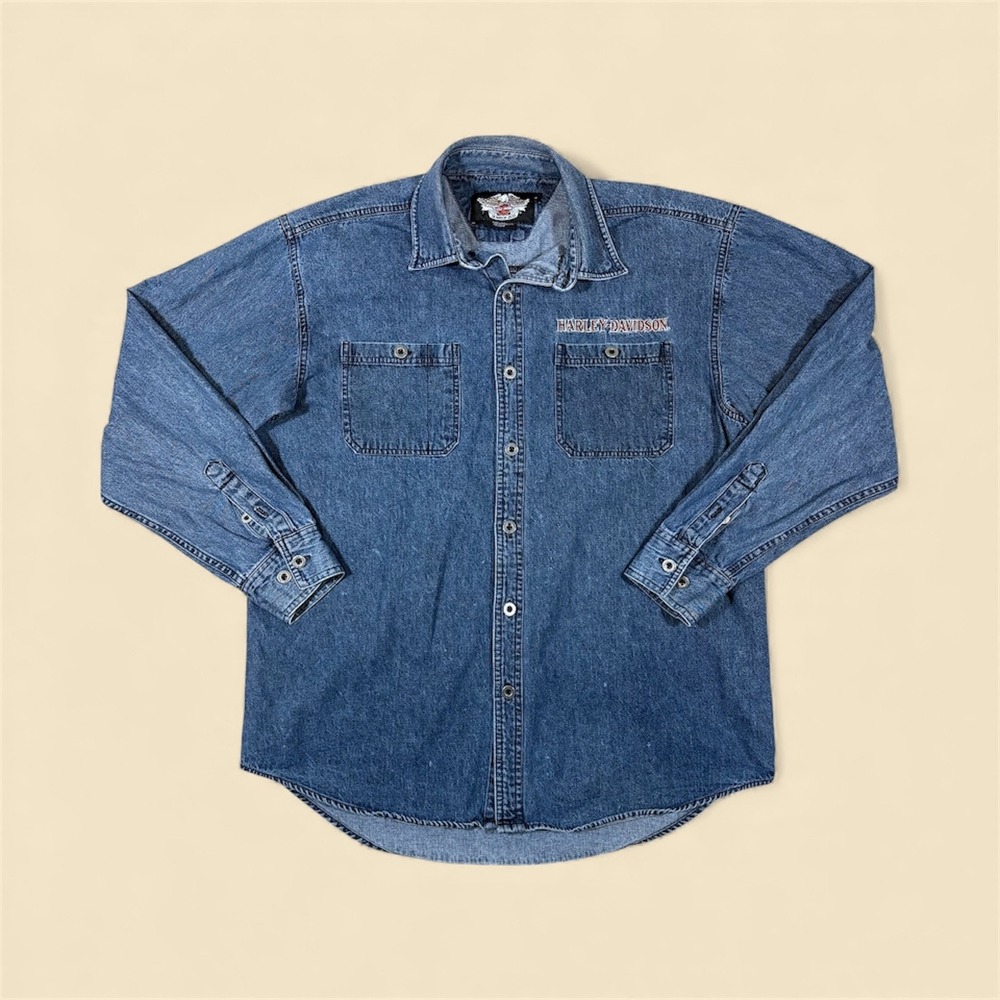 Harley Davidson Mens Denim Shirt Long Sleeve Embroidered Logo Classic Fit L‎